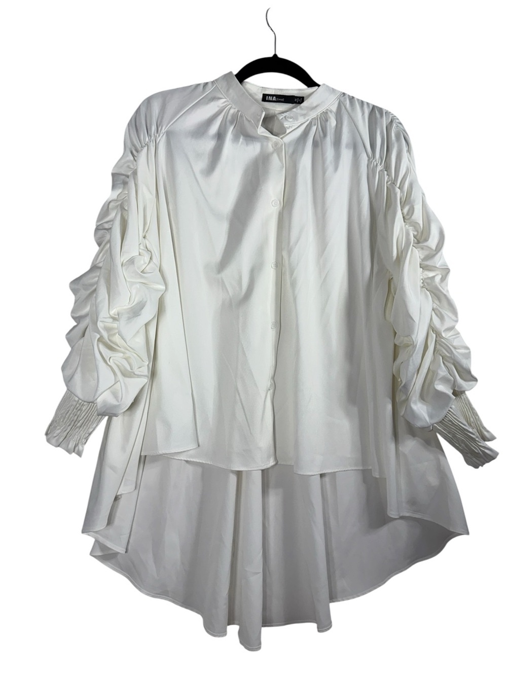 Ina White Ruched Sleeve High-Low Blouse